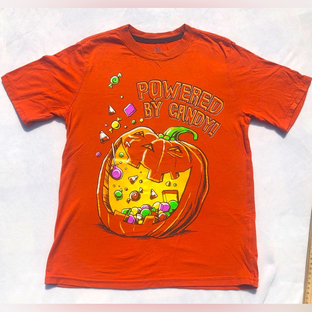 Boys L (10/12) Orange Halloween T-Shirt with Candy Pumpkin Design
